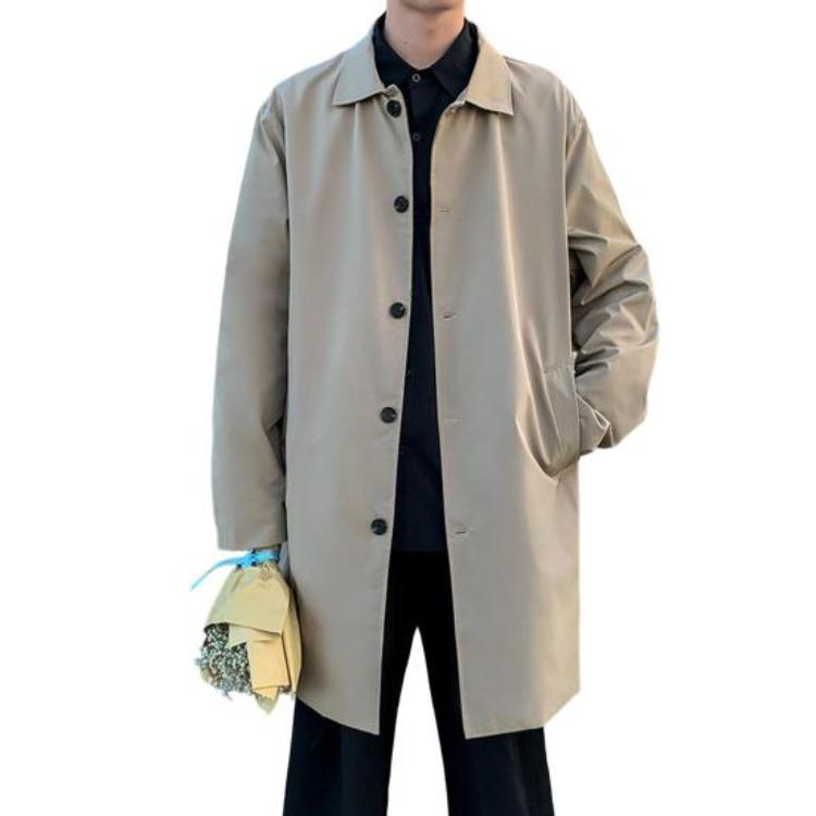 Men Double Breasted Windbreaker Coat Long Sleeve Lapel Solid Color Loose Fit Casual Mid Length Trench Coat with Pockets