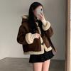 Korea Chic Winter Retro Loose Coat Women Y2k Horn Buckle Fur Brown Lamb Wool Jackets 2000s Long Sleeve Hooded Outerwear Clothes