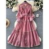 French style Retro Palace Style Lantern Sleeve Lace-up Waist Hugging Single-Breasted Dress Women Slimming Temperament Elegant Long Skirt