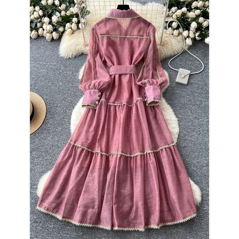 French style Retro Palace Style Lantern Sleeve Lace-up Waist Hugging Single-Breasted Dress Women Slimming Temperament Elegant Long Skirt
