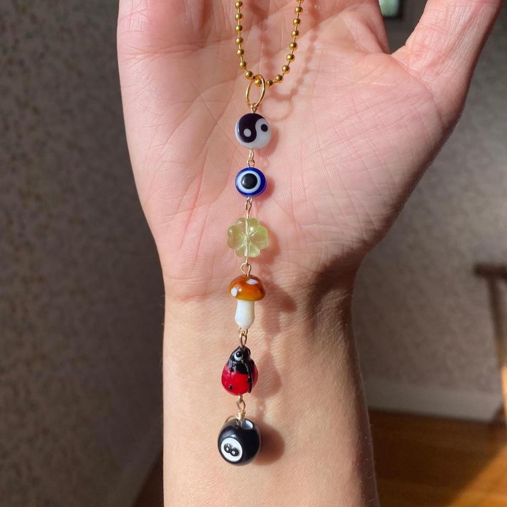 Evil Eye Good Luck Car Charm with 8 Ball, Mushroom, Clover, Ladybug, & Yin Yang Symbols
