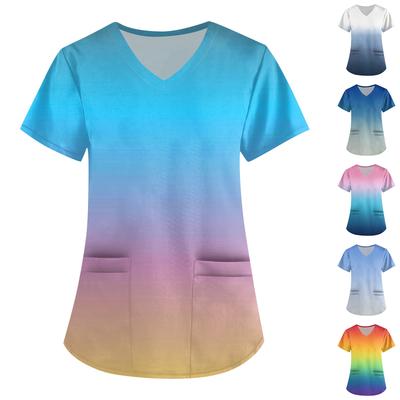 Tallas GrandesEstampado Scrub Uniforme de Trabajo Tops Para Mujer Cuello en V Cruzado Estampado Manga Corta Camisetas Divertidas Camiseta Ropa de Trabajo Con Bolsillos