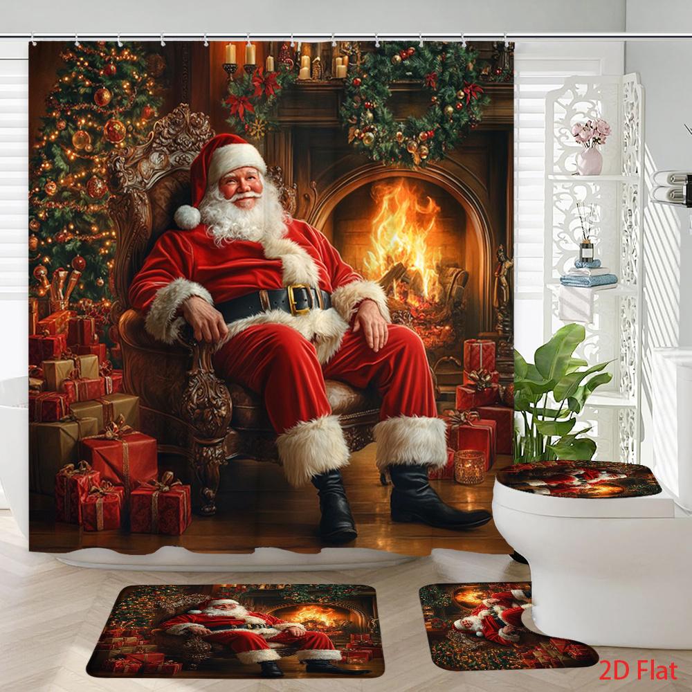 4Pcs Vintage Christmas Santa Claus Shower Curtain Set with Non-Slip Bath Mat, Toilet Lid Cover, Contour Rug & 12 Hooks, Bathroom Decor