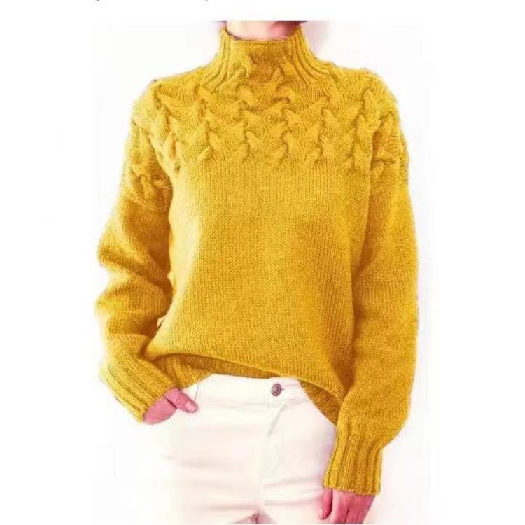 Women's Fashionable Cable Knit Detail High Neck Long Sleeve Sweater Luxurious Relaxed-fit Slimming and Versatile Top