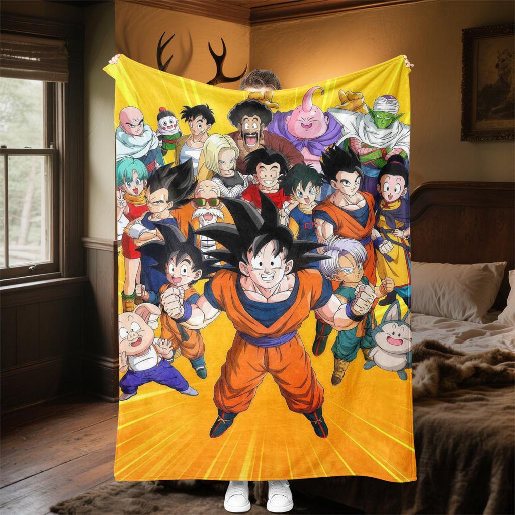 1 szt. Koc flanelowy z nadrukiem Son Goku, Wysokiej jakości, Na wszystkie pory roku, Wystrój domu, Ciepło i komfort, Idealny na prezenty świąteczne