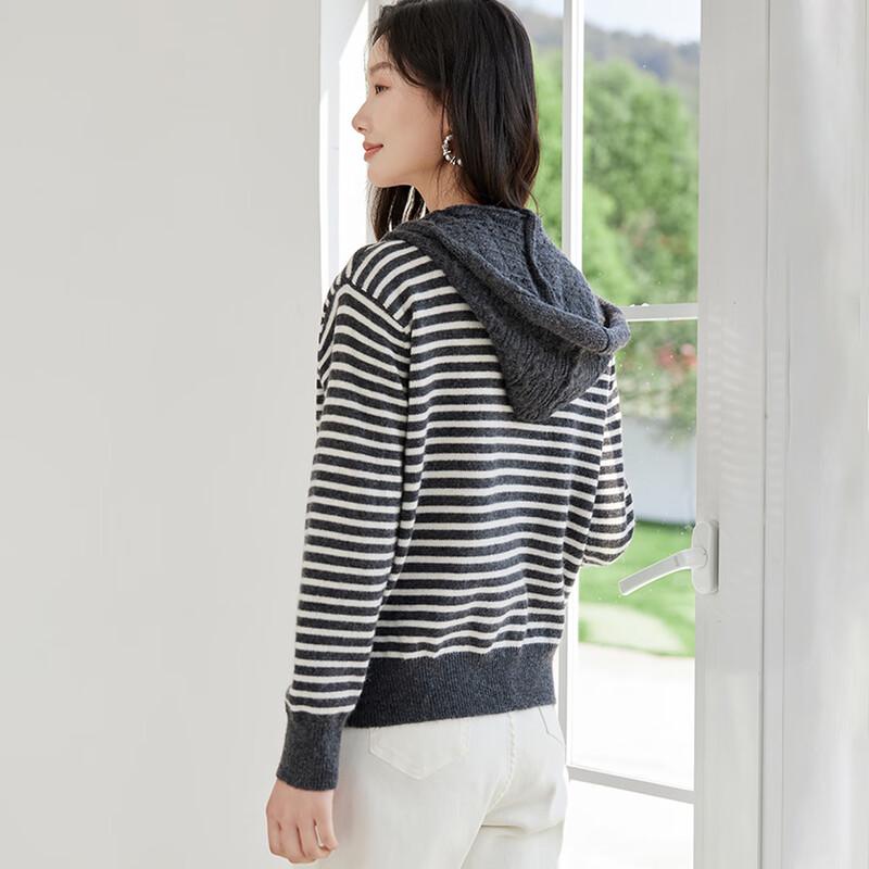 Han Du Yi She Wool Blend Crochet Hooded Striped Sweater