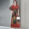 Ethnic Style V-neck Cotton and Silk Short-sleeved French Thai Style Dress for Women's Summer Printing Pastoral Style Skirt for Vacation Wear