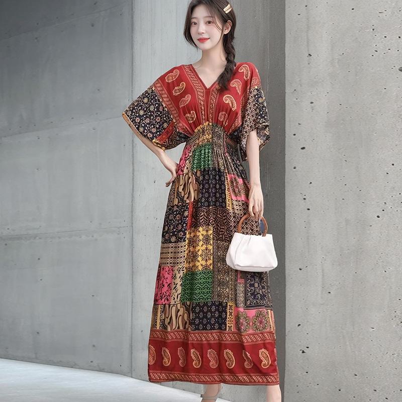 Ethnic Style V-neck Cotton and Silk Short-sleeved French Thai Style Dress for Women's Summer Printing Pastoral Style Skirt for Vacation Wear