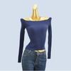 Export Cut Label Knitting Sweater Women's Spring and Autumn French Sexy off-Shoulder off-Shoulder Silm Long Sleeves Inner Wear Short Top