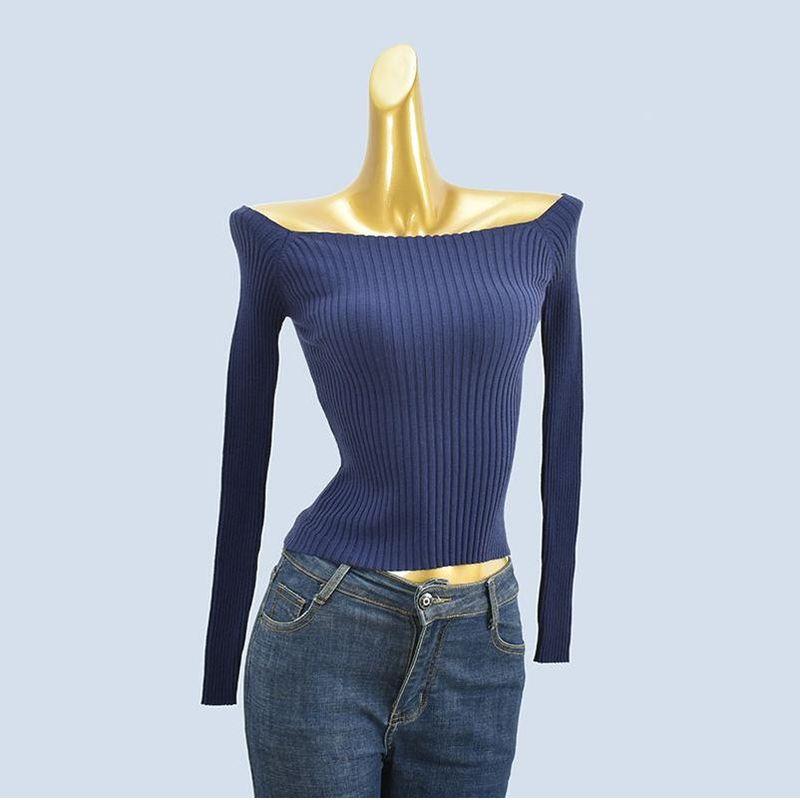 Export Cut Label Knitting Sweater Women's Spring and Autumn French Sexy off-Shoulder off-Shoulder Silm Long Sleeves Inner Wear Short Top