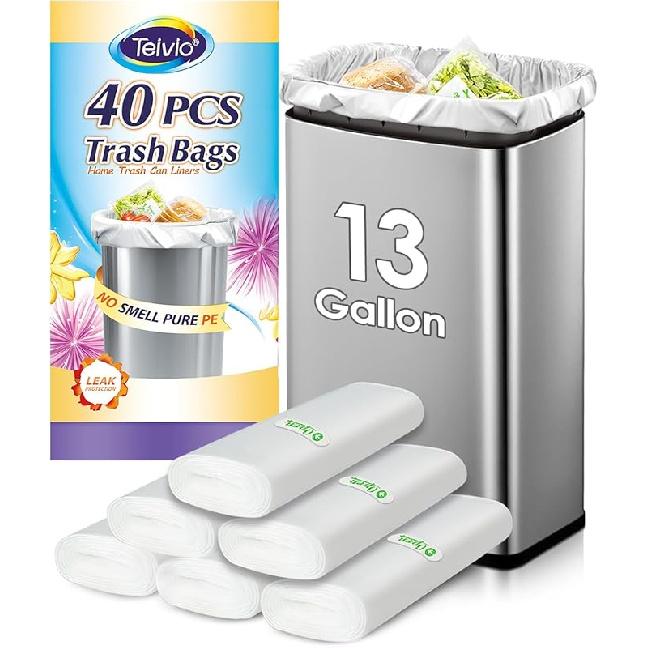 13 Gallon 40 Counts Strong Trash Bags Garbage Bags by Teivio, Bathroom Trash Can Bin Liners, Plastic Trash Bags for home office kitchen (Clear) 13Gal-Clear-40pcs