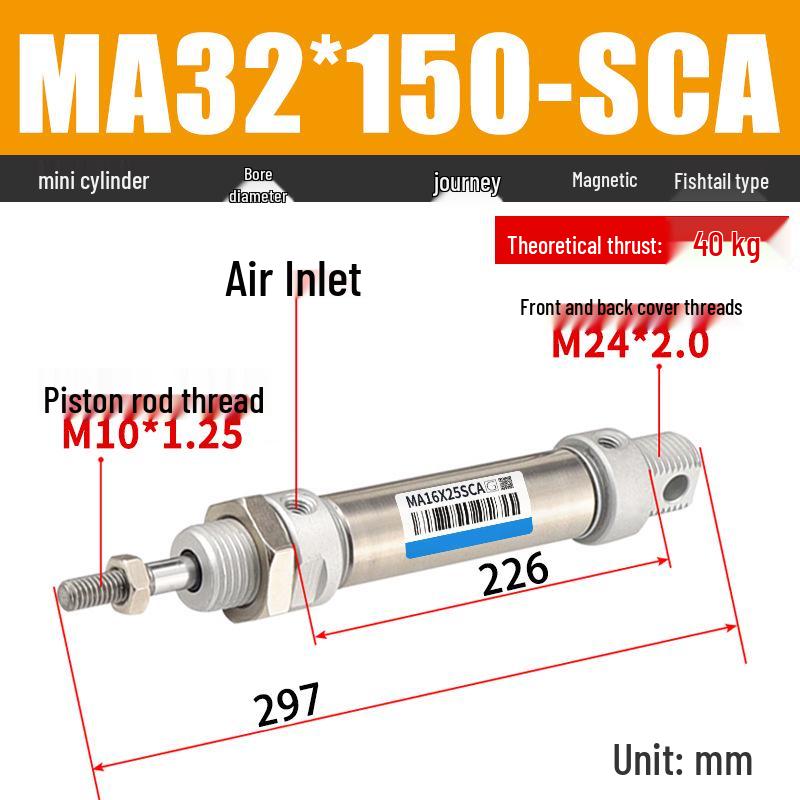 Mini Stainless Steel Pneumatic Cylinder MA Series (16-40mm Bore, 50-200mm Stroke)