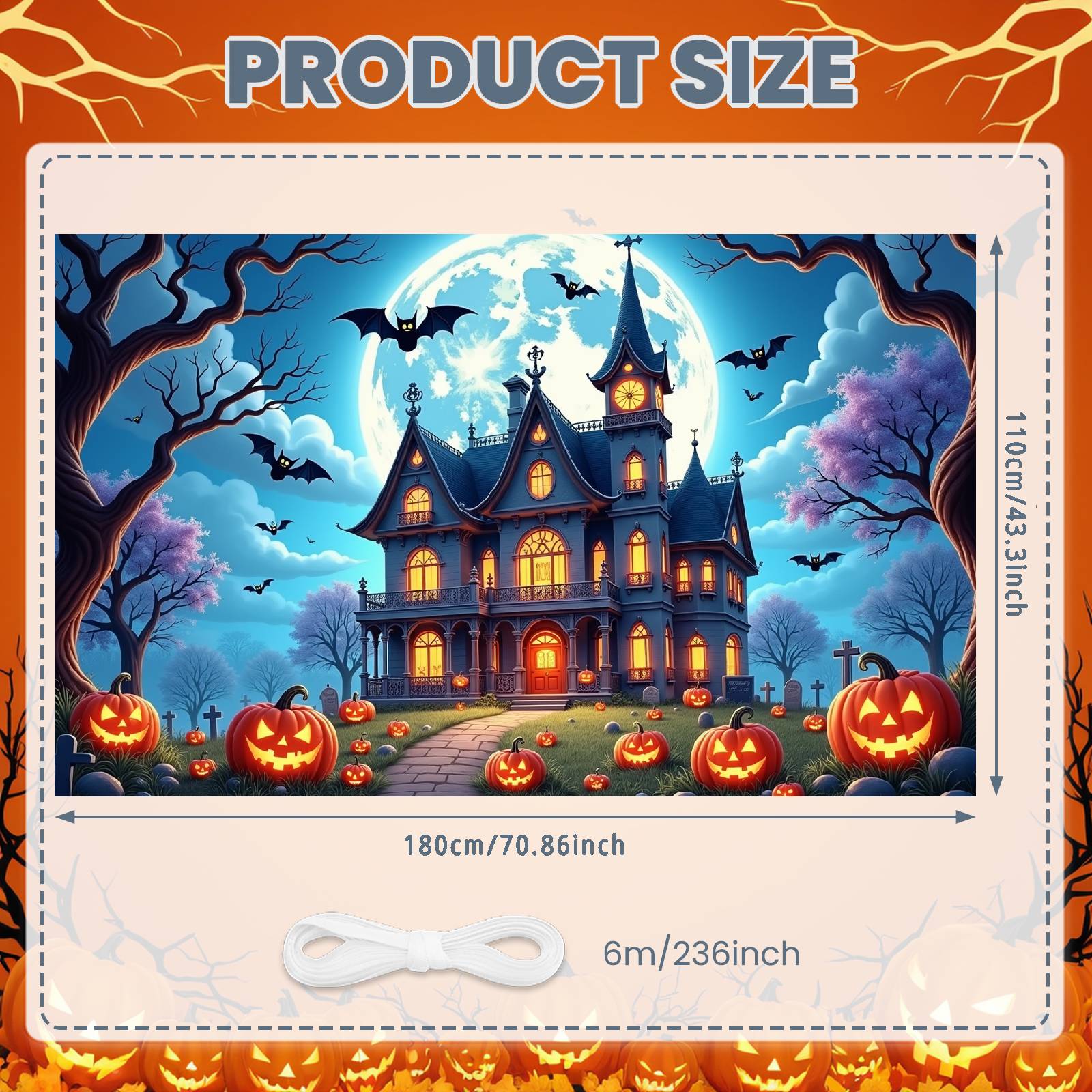 

Full Moon Banner Glowing Windows Halloween Banner Pumpkin Banner Illustrated Bats Haunted House Decoration For Haunted House
