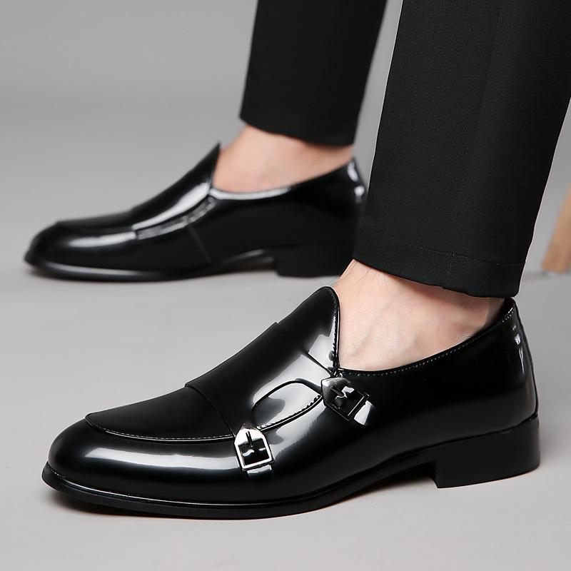 Men's Shiny Leather Double Buckle Monk Shoes - Pointed Toe, British Style, Business Casual.