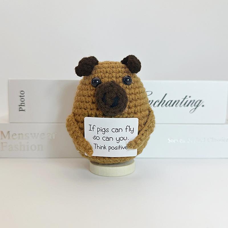 Funny Positive Crochet Cow Doll Desktop Ornament Handmade Cheer Emotional Support Positive Cow with Card Home Party Decoration