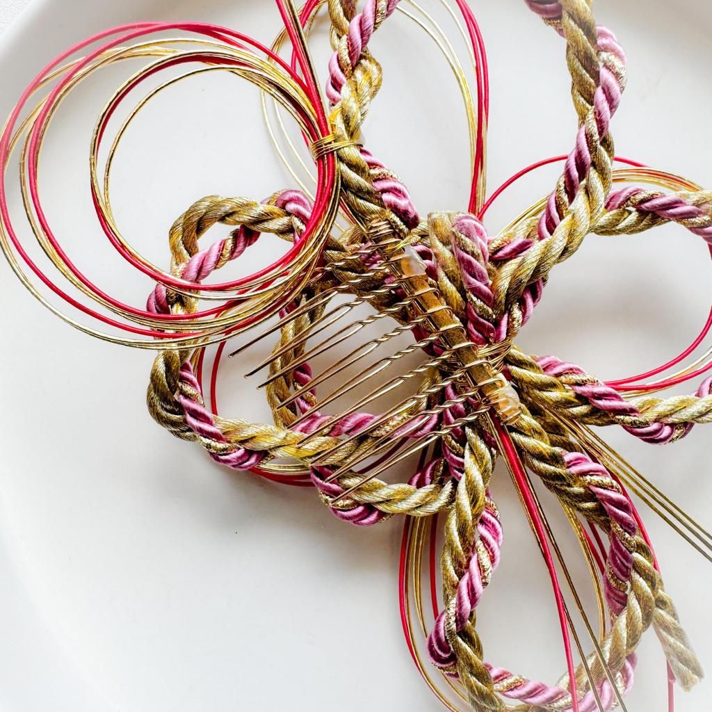 Hani. Pink Gold Mizuhiki Hair Ornament for Coming-of-Age Ceremony, Japanese Traditional Wear, Headpiece, Graduation Ceremony, Wedding, Bridal,