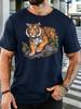 Wild Tiger On Rock Jungle Leaves Graphic Unisexs Short Sleeve Crew Neck Cotton T Shirt Vintage Animal Print Male Nature Casual Top