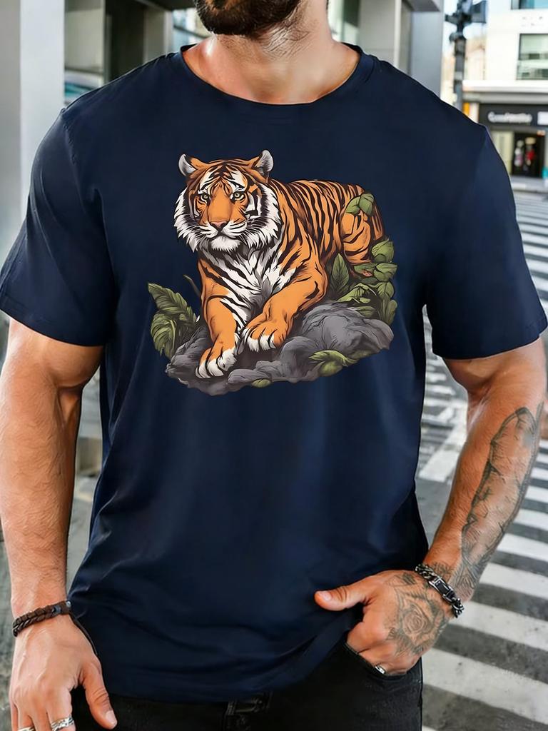 Wild Tiger On Rock Jungle Leaves Graphic Unisexs Short Sleeve Crew Neck Cotton T Shirt Vintage Animal Print Male Nature Casual Top