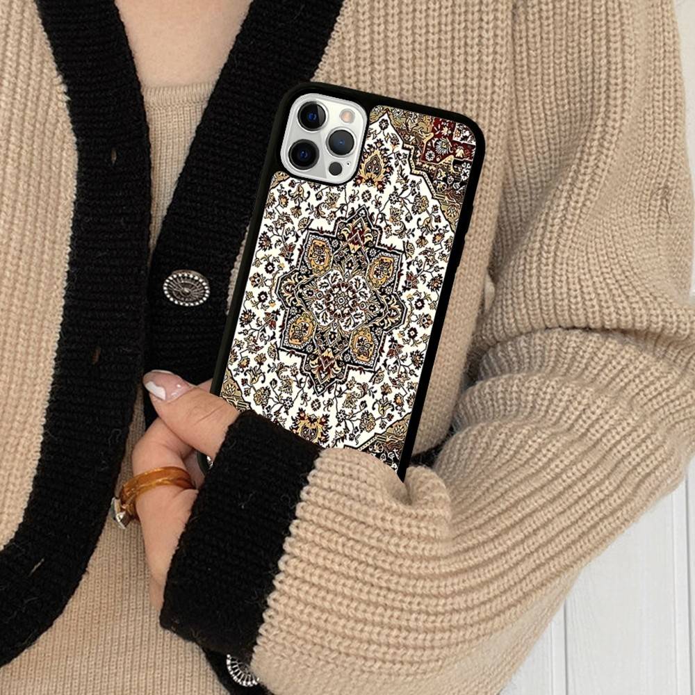Persian Carpet Floral Pattern PC+TPU Phone Case For IPhone 17 16 15 14 13 12 11 Pro Max Plus Kawaii Cartoon Cover