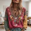 Top da Donna Scollo a V Manica Lunga Ricamo Stampa Floreale Maglietta Stile Etnico Bohemia Pullover Top per Uso Quotidiano