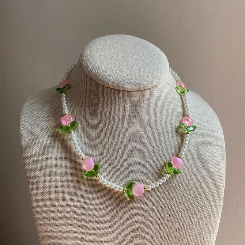 Neues Mode Süßes Tulpenblumen Halskette Armband Set Für Frauen Elegante Perlen Schlüsselbein Kette Halskette Party Schmuck Geschenk