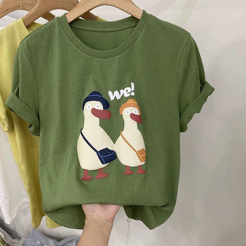 Sommer Koreanischer Stil Entenprint Rundhals Lockerer Schnitt Damen T-Shirt