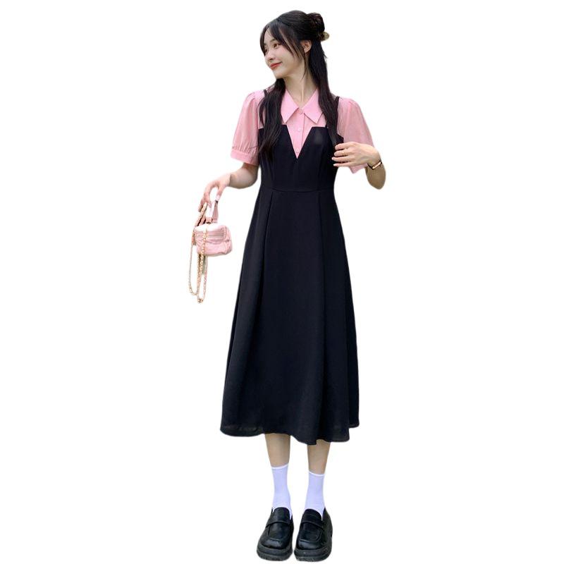Plus Size Faux Two-Piece Spliced Design Slimming Little Black Dress for a Flattering Summer Look