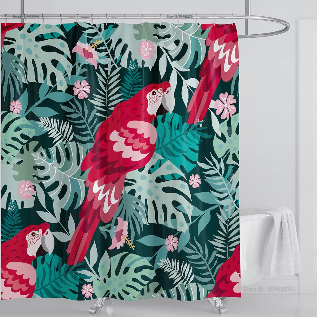 Bohemian Shower Curtain Tropical Jungle Wildlife Bathroom Set Modern Pink Aesthetic Parrot Floral Bathroom Curtain With Hooks