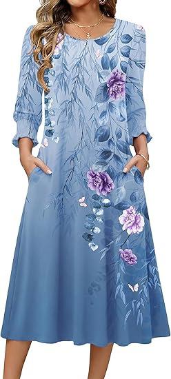 Women's Summer, Pocket Seven-Sleeve Floral Medium and Long Casual Dress