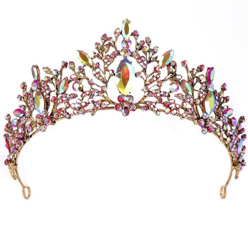 Baroque Vintage AB Colors Crystal Wedding Crown for Princess Bridal Diadem Tiaras Headbands Prom Pageant Flower Hair Jewelry