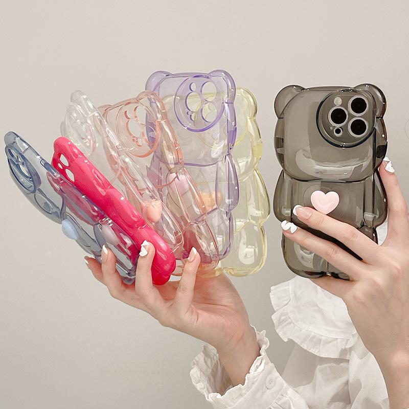 Cartoon 3d Bear Shape Cute Design Clear Case For Iphone 13 12 11 Pro Max Xs Max Xr X Korean Love Heart Lens Protection Cover