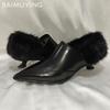 Pelz Damen Stiefeletten Spitz Elegant Mittelhoch Leder Schuhe 2025 Trend Wintermode Pumps Designer Kleid Botas De Mujer