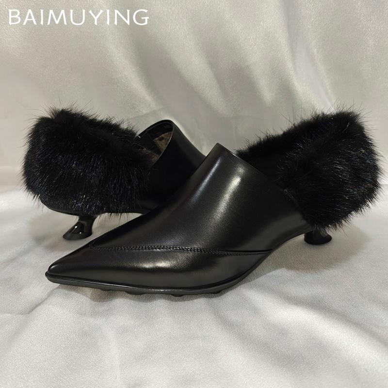 Fur Women Ankle Boots Pointed Toe Elegant Mid Heels Leather Shoes 2025 Trend Winter Fashion Pumps Designer Dress Botas De Mujer