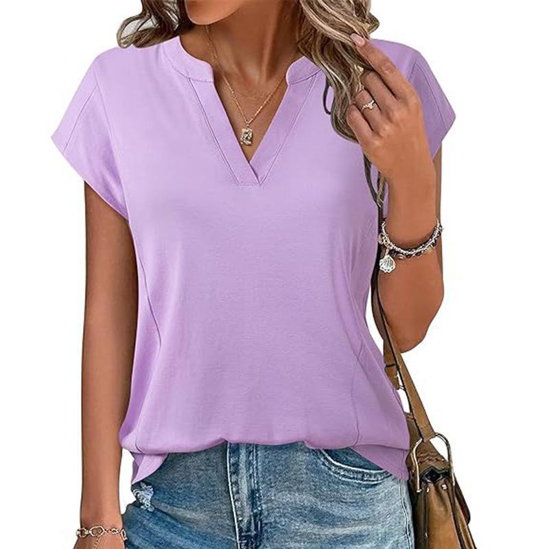 Ladies Summer Short Sleeve V Neck Solid Color Pullover T Shirt Top