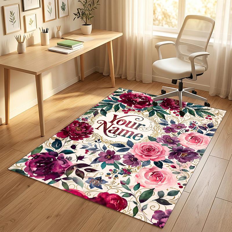 Floral Garden Theme Crystal Velvet Rug Personalized Custom Name Text Soft Floor Mat Home Decor
