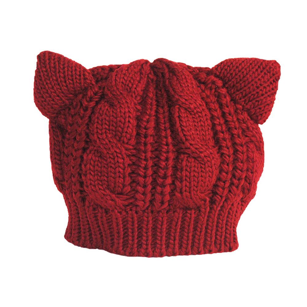 Women Knitted Hats Autumn Winter Trendy Solid Color Cute Cat Ears Cable Knit Beanie Hats
