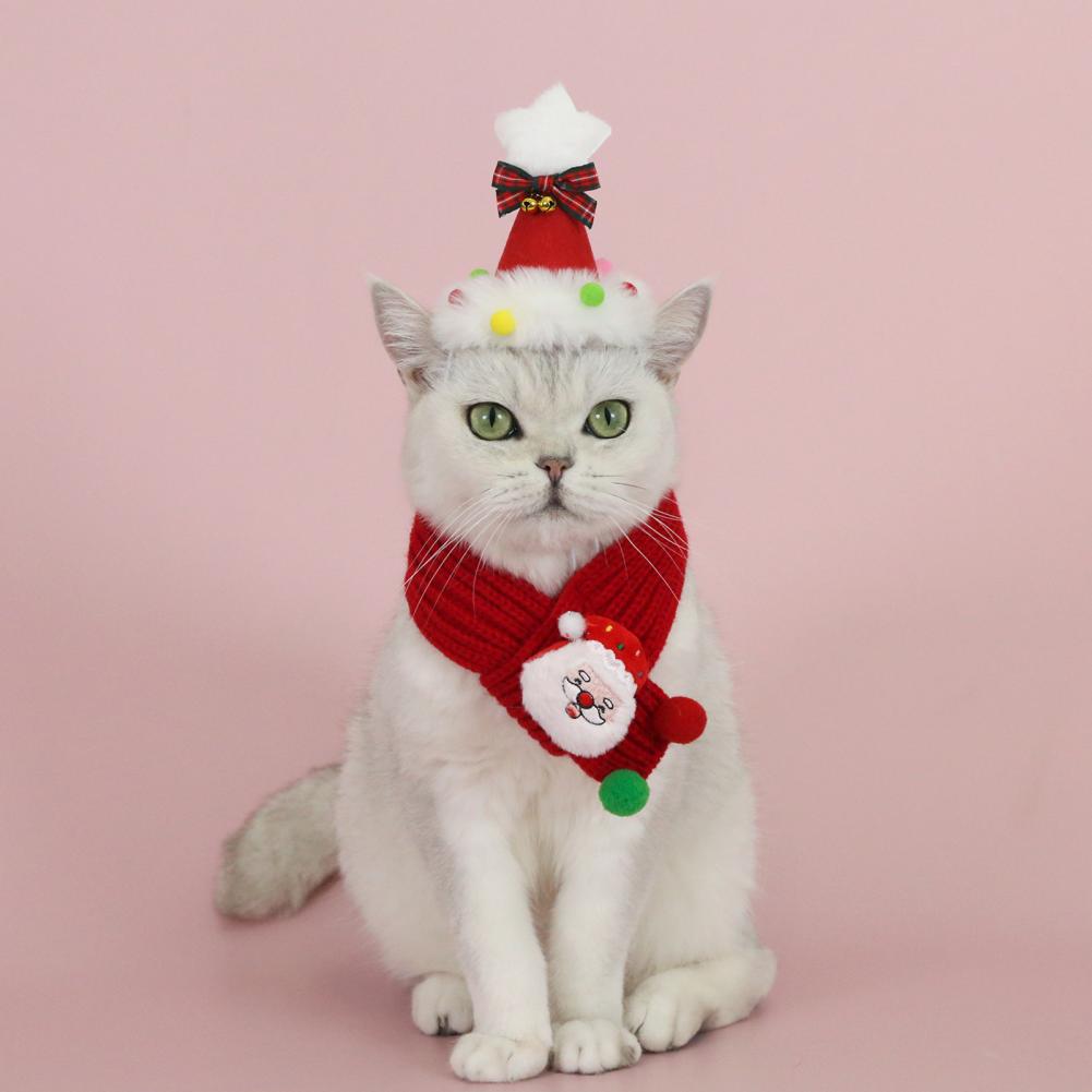 Santa Claus Pet Scarf Holiday Themed Pet Accessory Festive Christmas Pet Scarf Set with Knitted Cat Scarf Pompom for Holiday