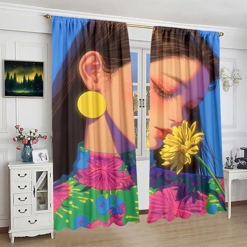 2 pieces - Figure - printed curtain - Polyester material - suitable for bedroom, living room, study private curtain