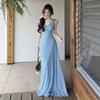 French blue V-neck thin polka dot dress women's long waist seaside vacation style high-end temperament dress