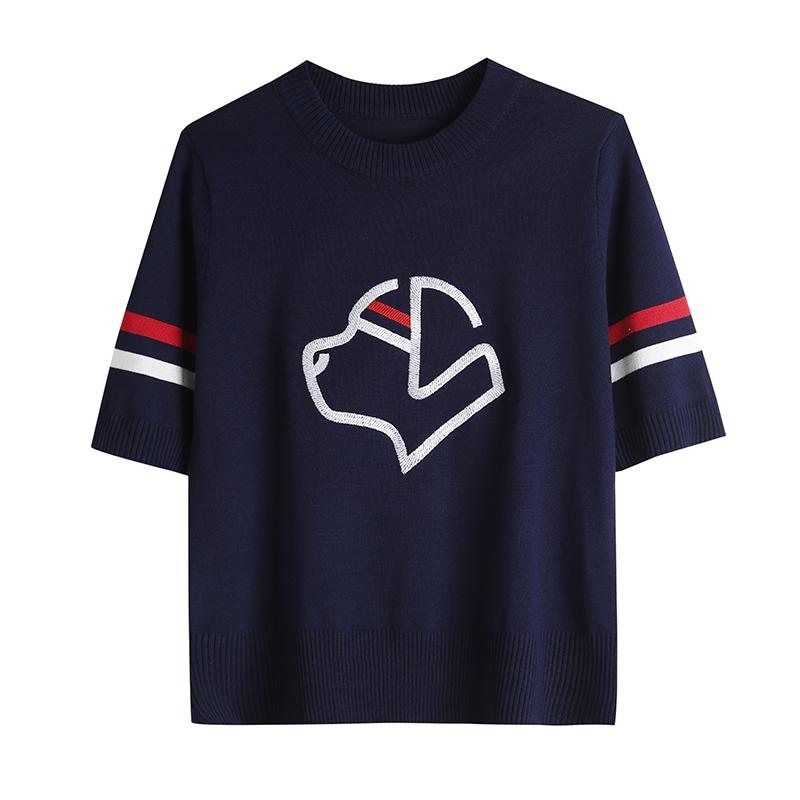 

Summer Women Embroidery Dog s Head Knitted Sweater Tshirt Pullover Jumper Tops One Size темно-синього кольору