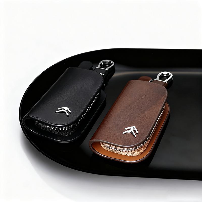 AJFJ2 Leather Citroën Key Fob Holder Car Key Case Protector for DS C3 C4 C5 Picasso Models - Premium Business Gift (Black/Brown)
