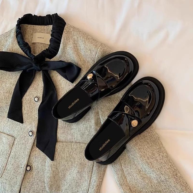 Small gold coins thick-soled thick-heeled loafers women's British style retro one-pedal small leather shoes lazy single shoes