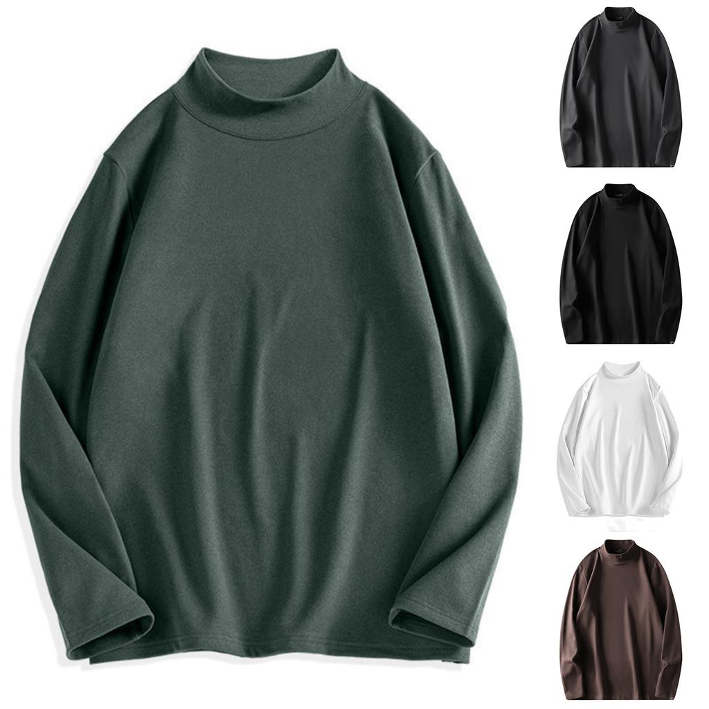 Men's Solid-color Casual High-neck Fitted Long-sleeved T-shirt, Men's Suede Warm Base Layer Top