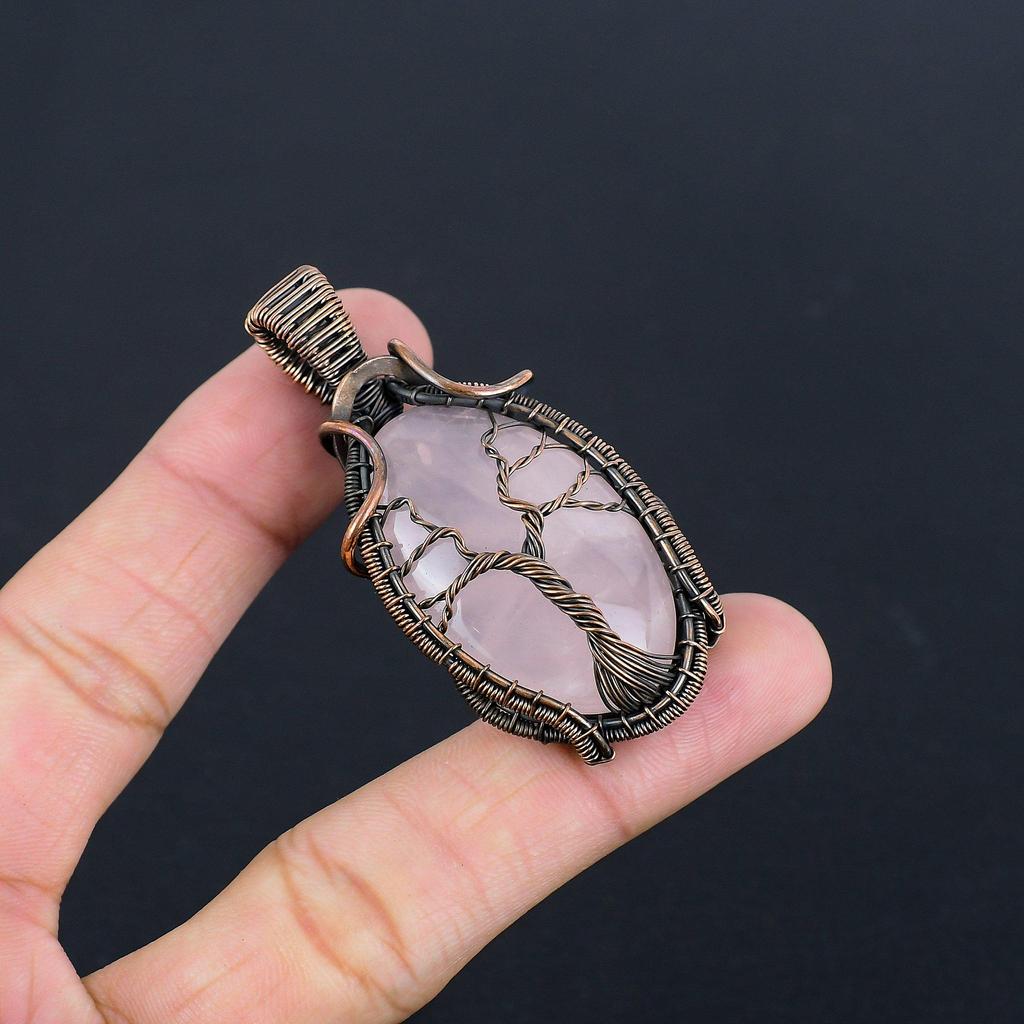 Rose Quartz Jewelry, 999 Copper Wire Wrapped  Pendant Handmade Gemstone Jewelry, Gifts For Wife Brand New Pendant