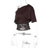 Women Sexy Slanted Neck Off Shoulder Short Sleeve Lace Patchwork Waist Cinched Cropped T Shirt