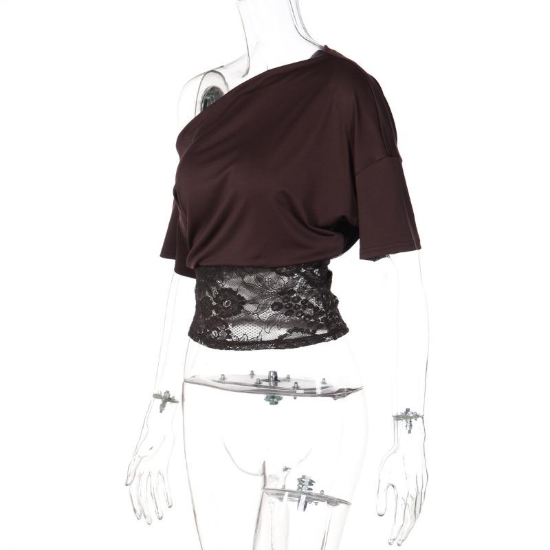 Women Sexy Slanted Neck Off Shoulder Short Sleeve Lace Patchwork Waist Cinched Cropped T Shirt