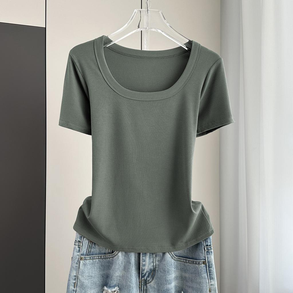 Klassisches geripptes quadratisches Hals-Kurzarm-T-Shirt Locker Schlank Sommer Basis-Oberteil Dehnbar Schlanke Basisschicht Weicher Rippstoff Gut für Innen- und Außenbekleidung Oberteil