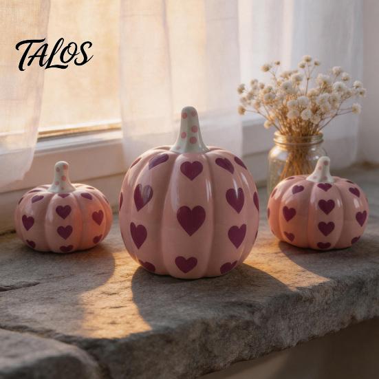 Autumn Harvest Table Decor Pink Ceramic Pumpkin with Heart Pattern, Artificial Figurine, Romantic Gift for Girlfriend Fall Tabletop Ornaments Harvest,