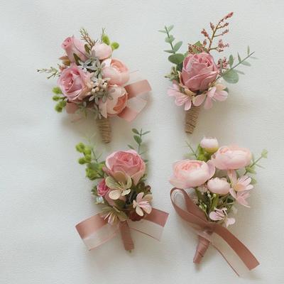 6pcs Pink Corsage Boutonniere Set for Bride Groom Bridesmaids Groomsmen Wedding Cerenony Homecoming Prom Suit Flowers