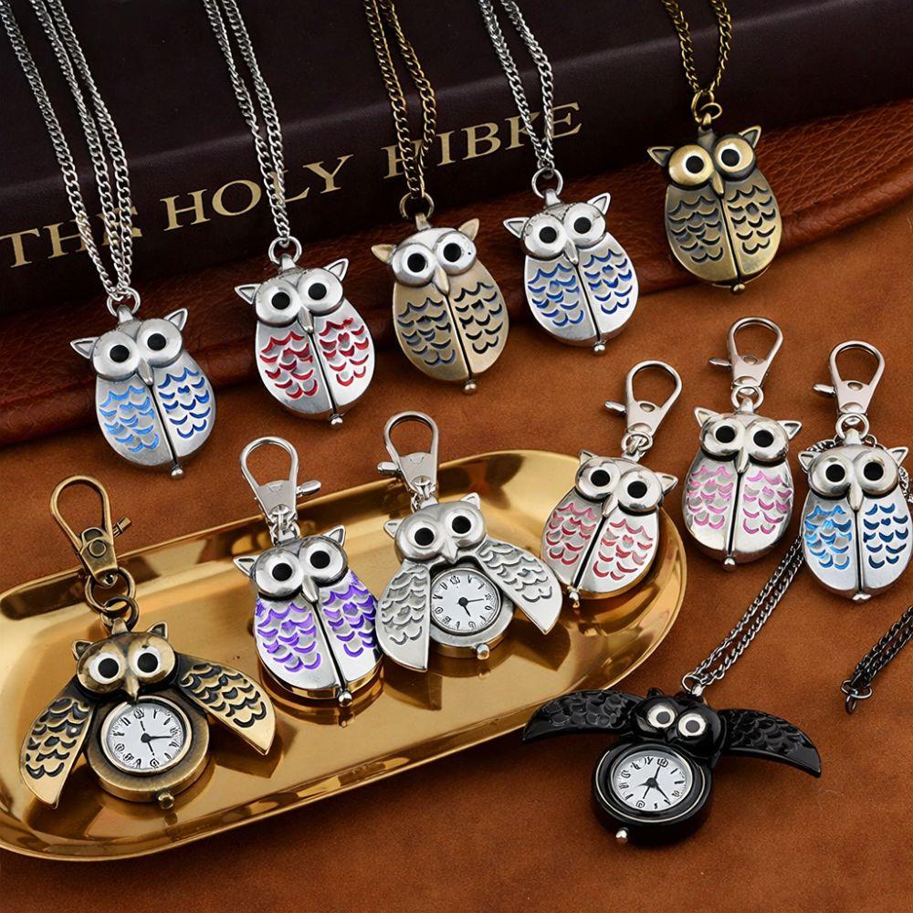 Flip Style Hang Watch Owl Shape Necklace Clock Pocket Watch Keychain For Unisex Adults Children